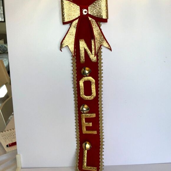 Vintage MCM Christmas wall hanging NOEL red and gold with bells and bow - Picture 1 of 5
